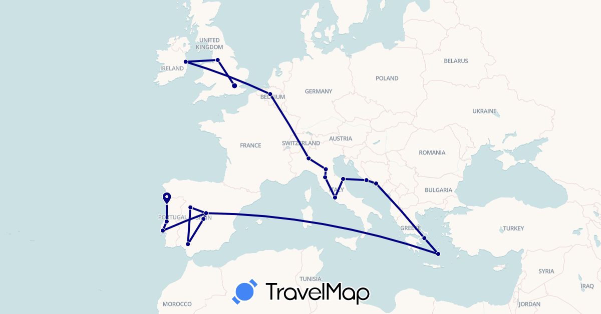 TravelMap itinerary: driving in Bosnia and Herzegovina, Belgium, Spain, United Kingdom, Greece, Croatia, Ireland, Italy, Portugal (Europe)